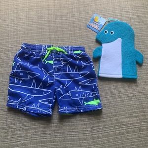 Carter’s Shark Swim Trunks Size 18 Months and Shark Bath Puppet Set